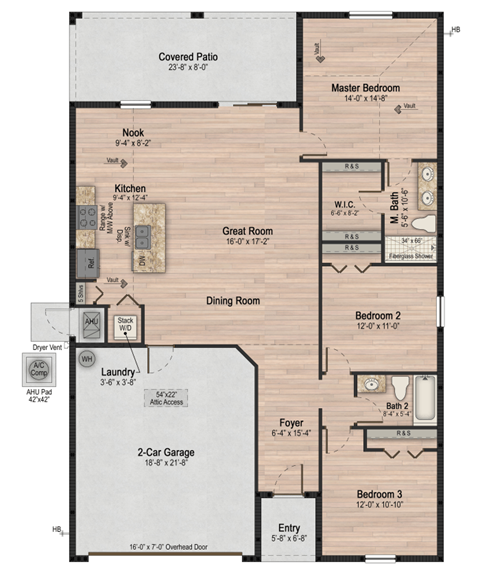 Floor plan for 3 beds, 2 baths, 1537 sqft